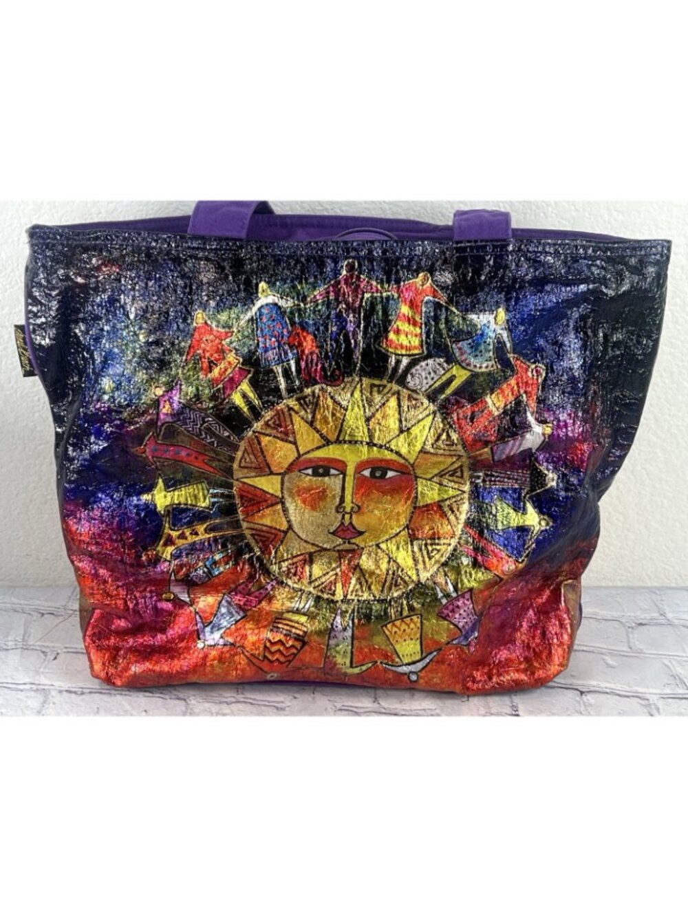 vtg Laurel Burch Harmony Under The Sun Foil Tote 19"x15" Iridescent Metallic - Picture 15 of 16